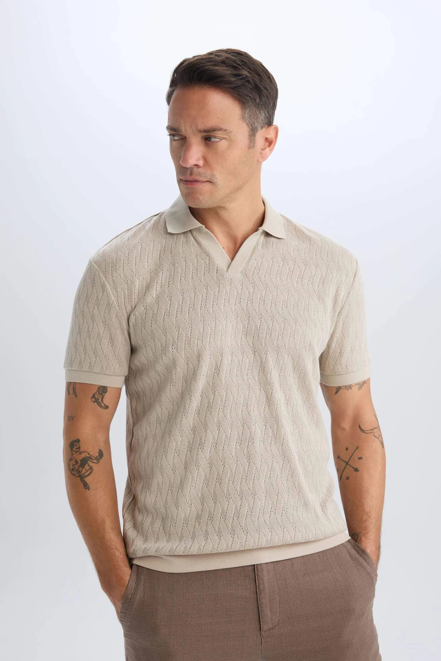 Regular Fit Short Sleeve Mesh Look Polo T-Shirt
