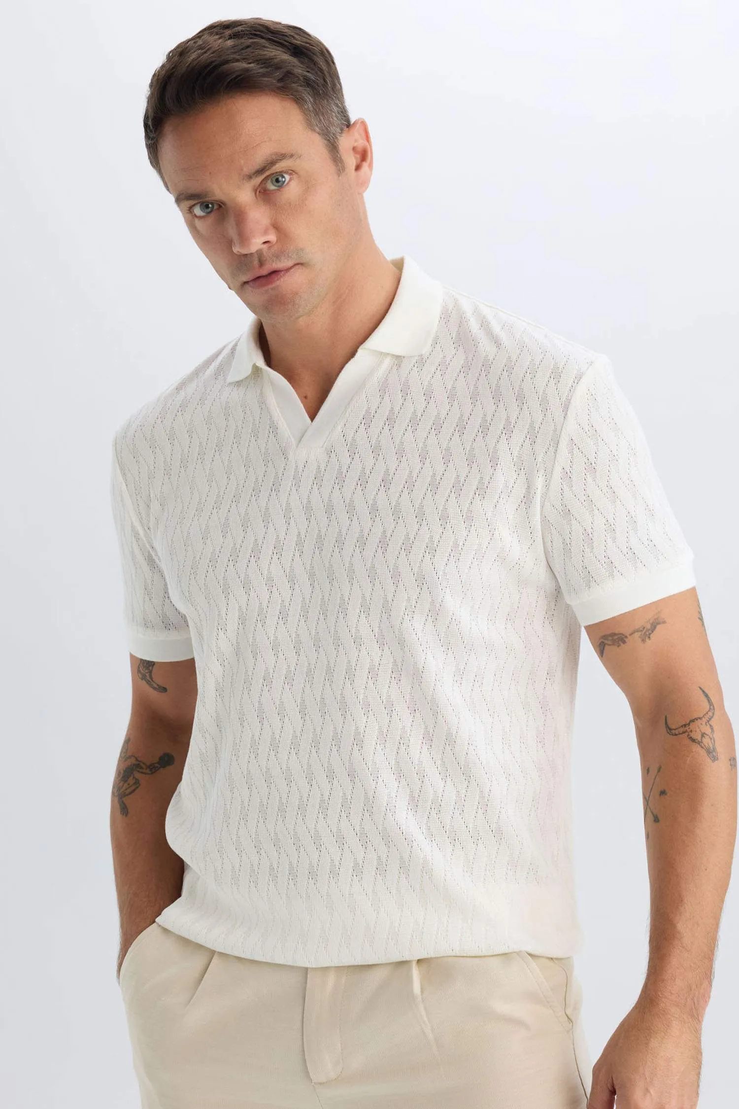 Regular Fit Short Sleeve Mesh Look Polo T-Shirt