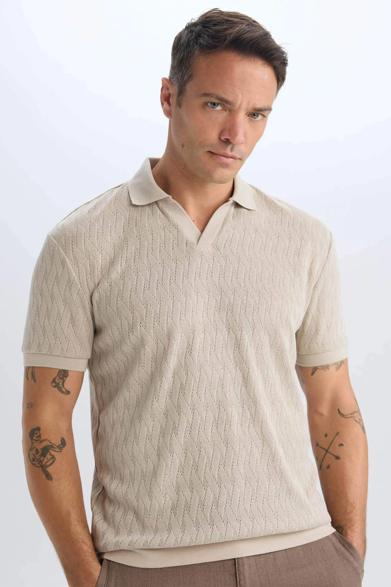Regular Fit Short Sleeve Mesh Look Polo T-Shirt
