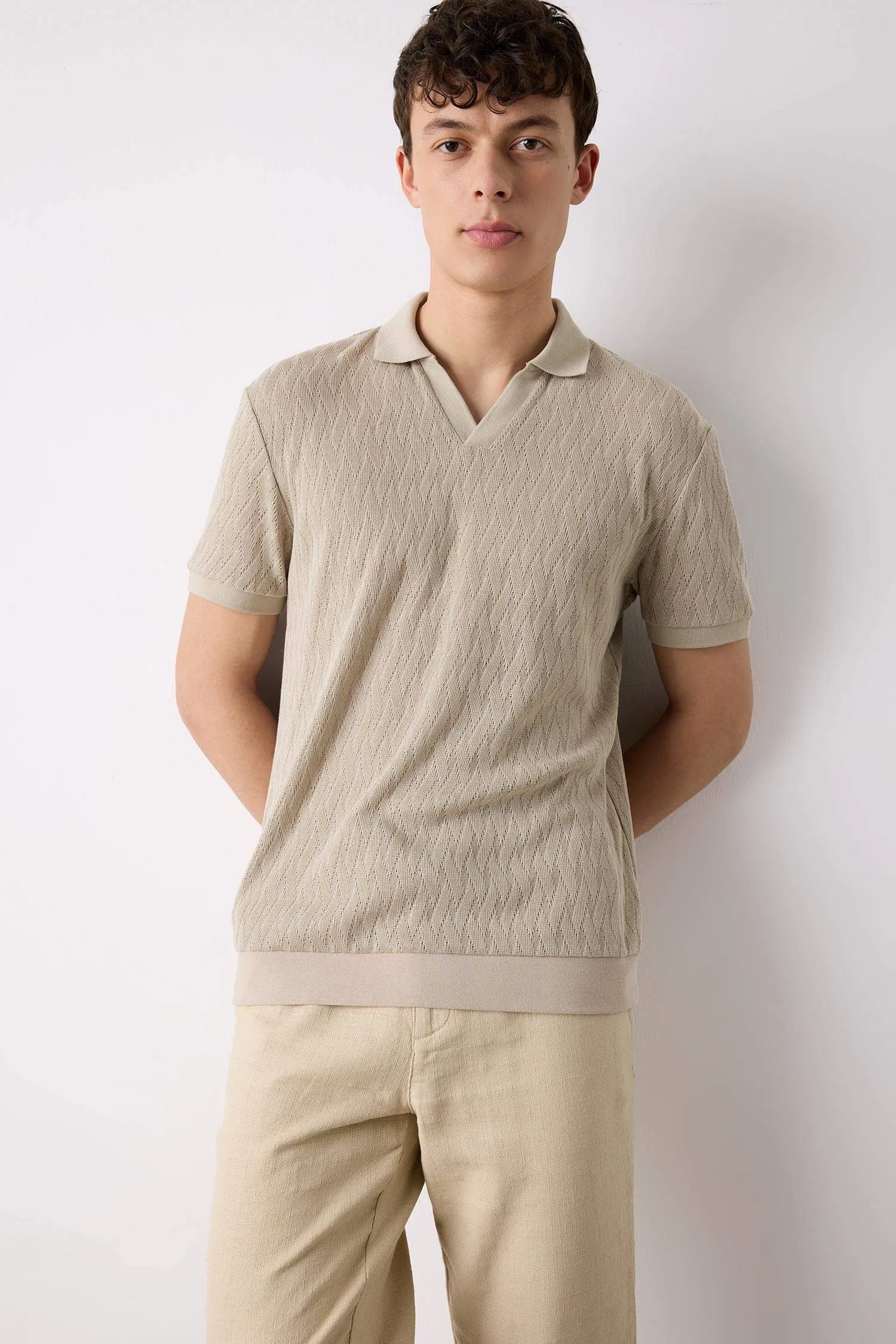 Regular Fit Short Sleeve Mesh Look Polo T-Shirt