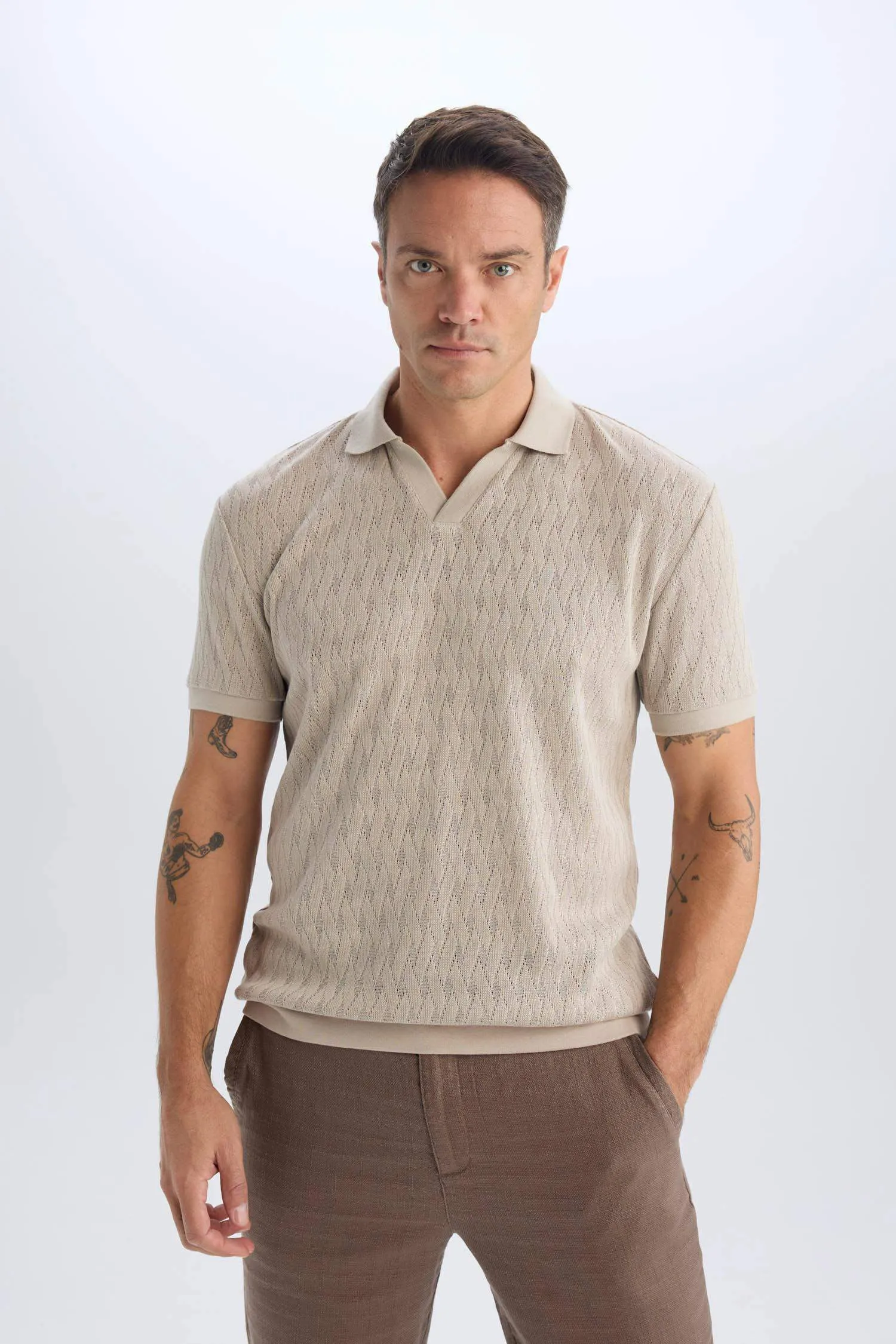 Regular Fit Short Sleeve Mesh Look Polo T-Shirt