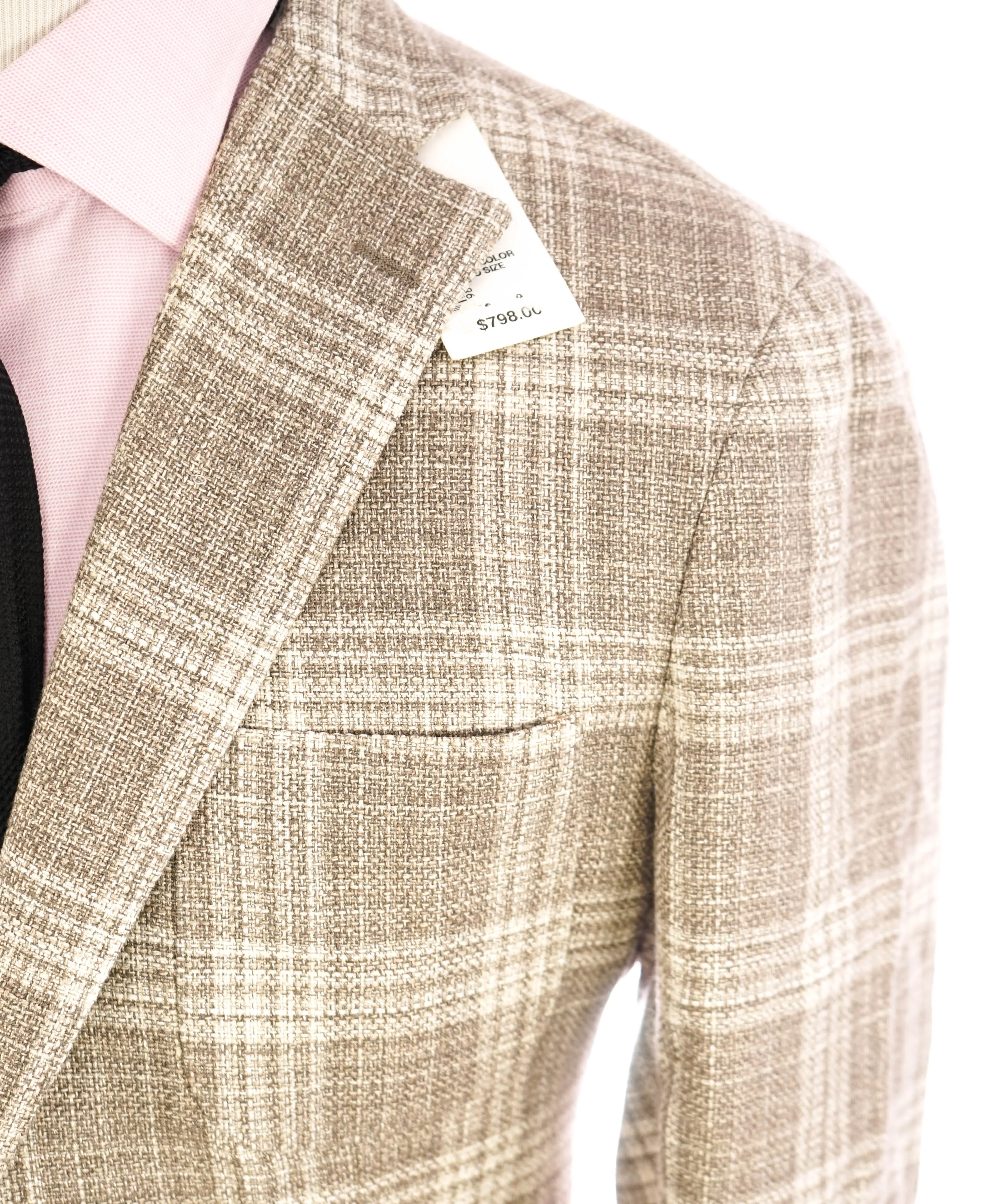 SAKS FIFTH AVENUE - Unlined Natural Shoulder Beige Stone Check Blazer - 42R