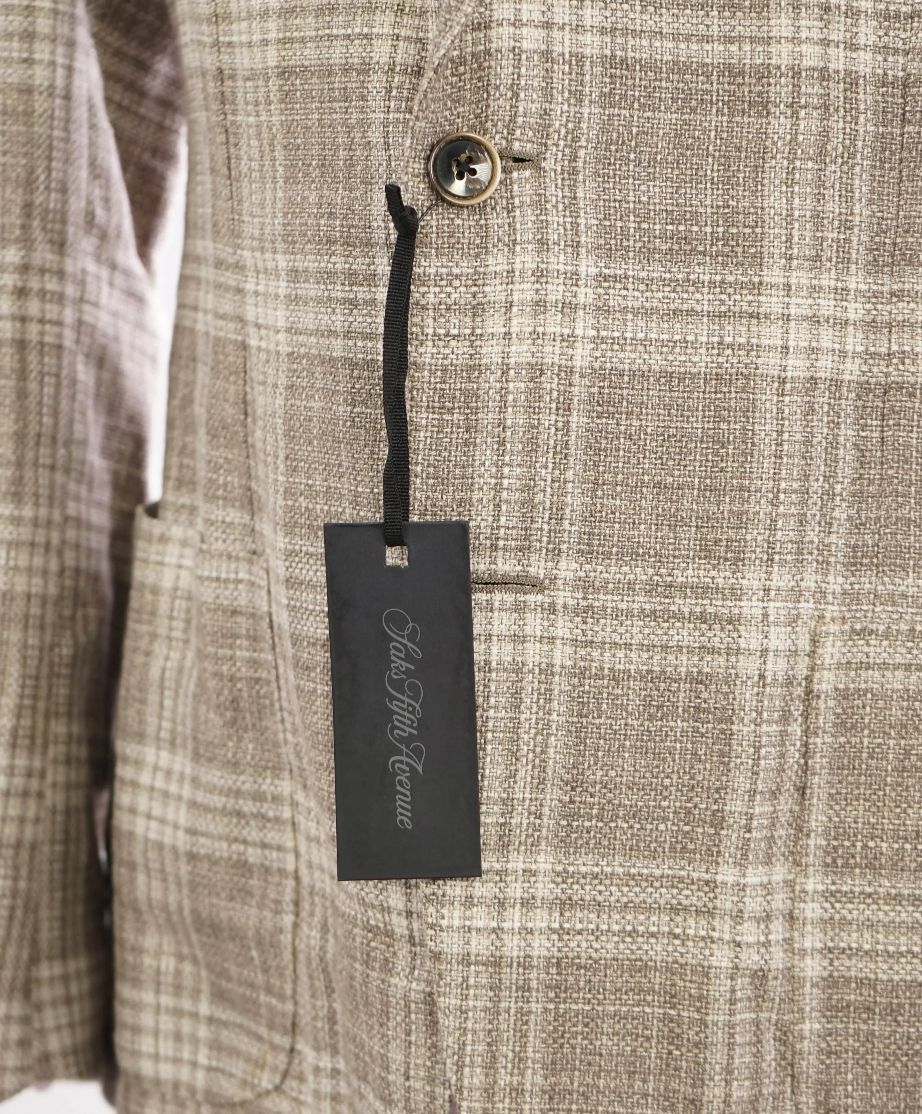 SAKS FIFTH AVENUE - Unlined Natural Shoulder Beige Stone Check Blazer - 42R