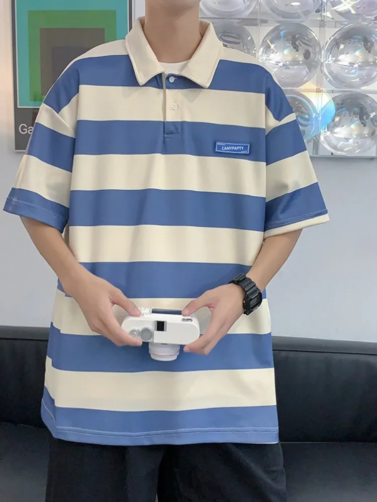 Short Sleeve Color Striped Collar Men Shirt
