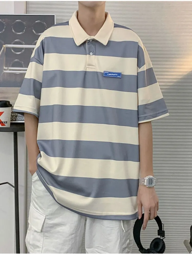 Short Sleeve Color Striped Collar Men Shirt