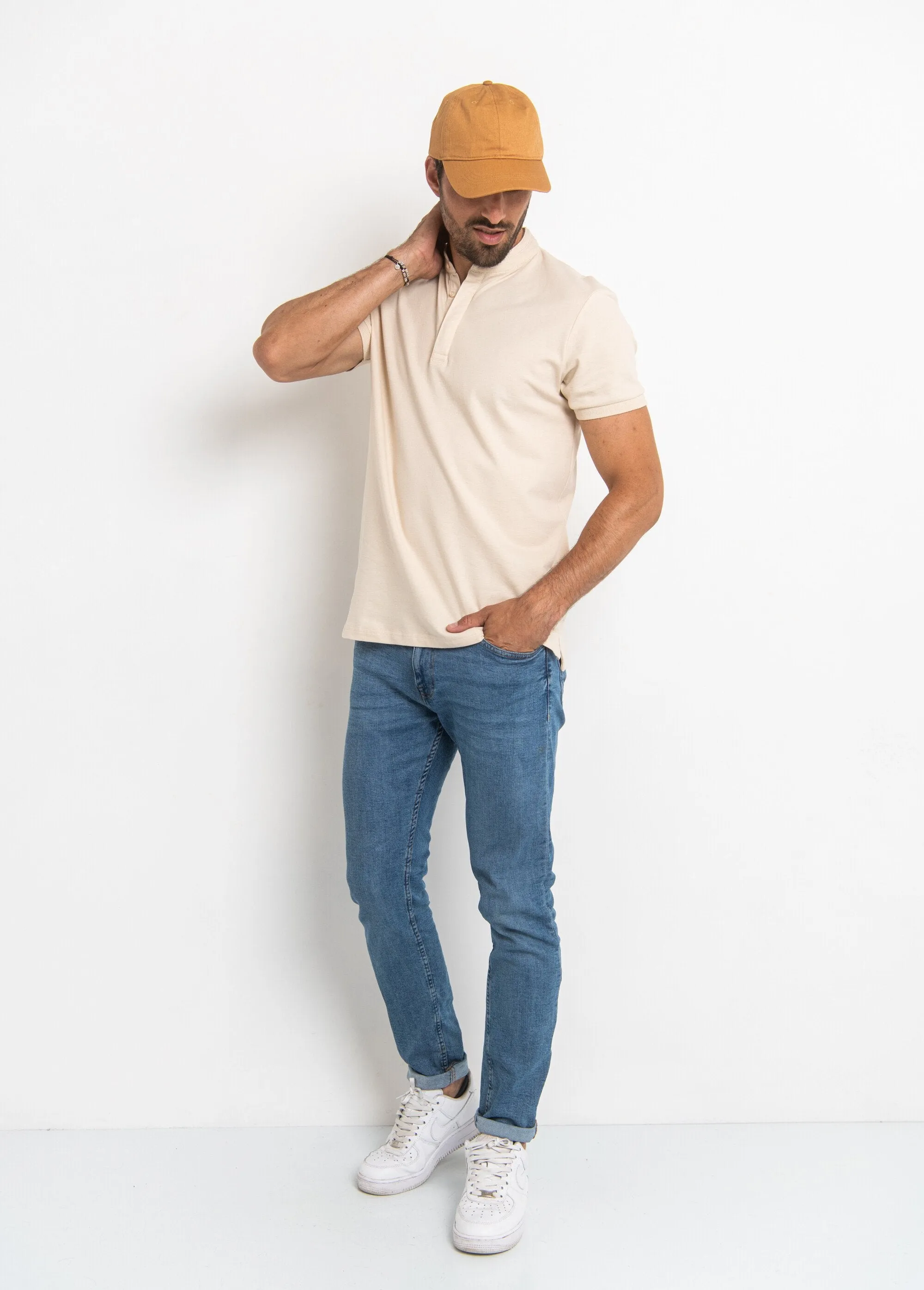 Short sleeve polo shirt with mandarin collar