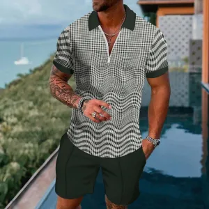 Short Sleeve Zip Polo Check Print Board Shorts Set 2404001297