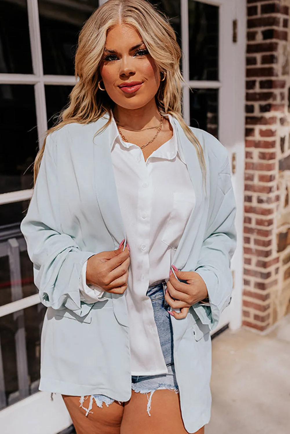 Sky Blue Plus Size Soft Lightweight Lapel Pocketed Blazer