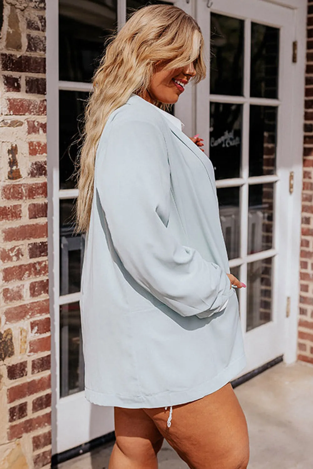 Sky Blue Plus Size Soft Lightweight Lapel Pocketed Blazer