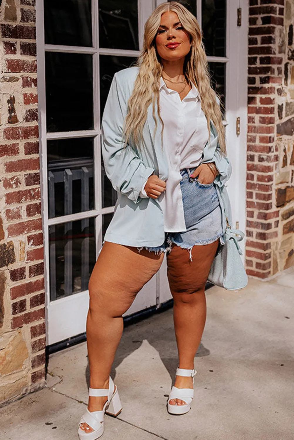 Sky Blue Plus Size Soft Lightweight Lapel Pocketed Blazer