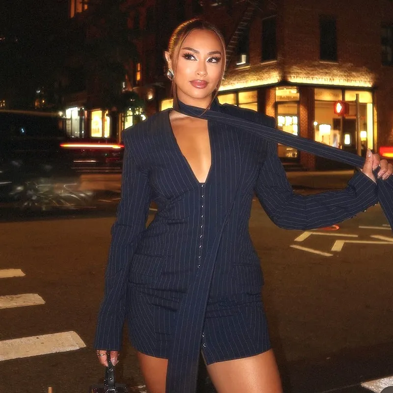 Sophisticated Striped Bodycon Blazer Dress for a Bold, Elegant Look