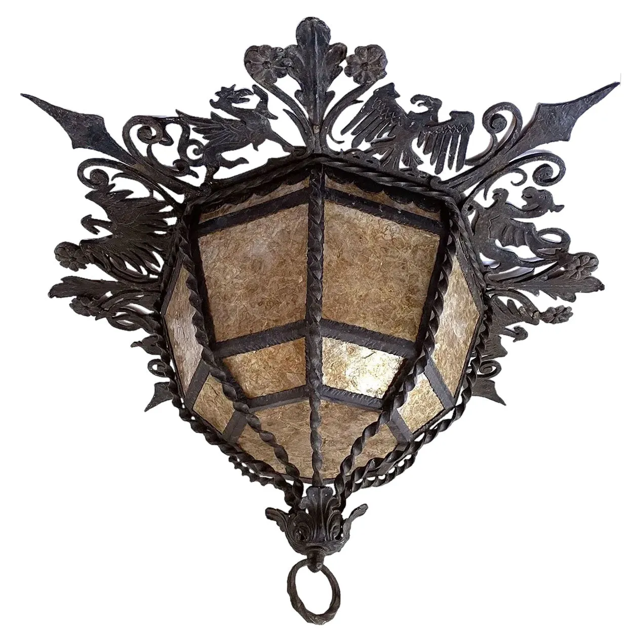 Spanish Colonial Style Lafayette Hughes Mansion Wrought Iron and Mica Ceiling Light