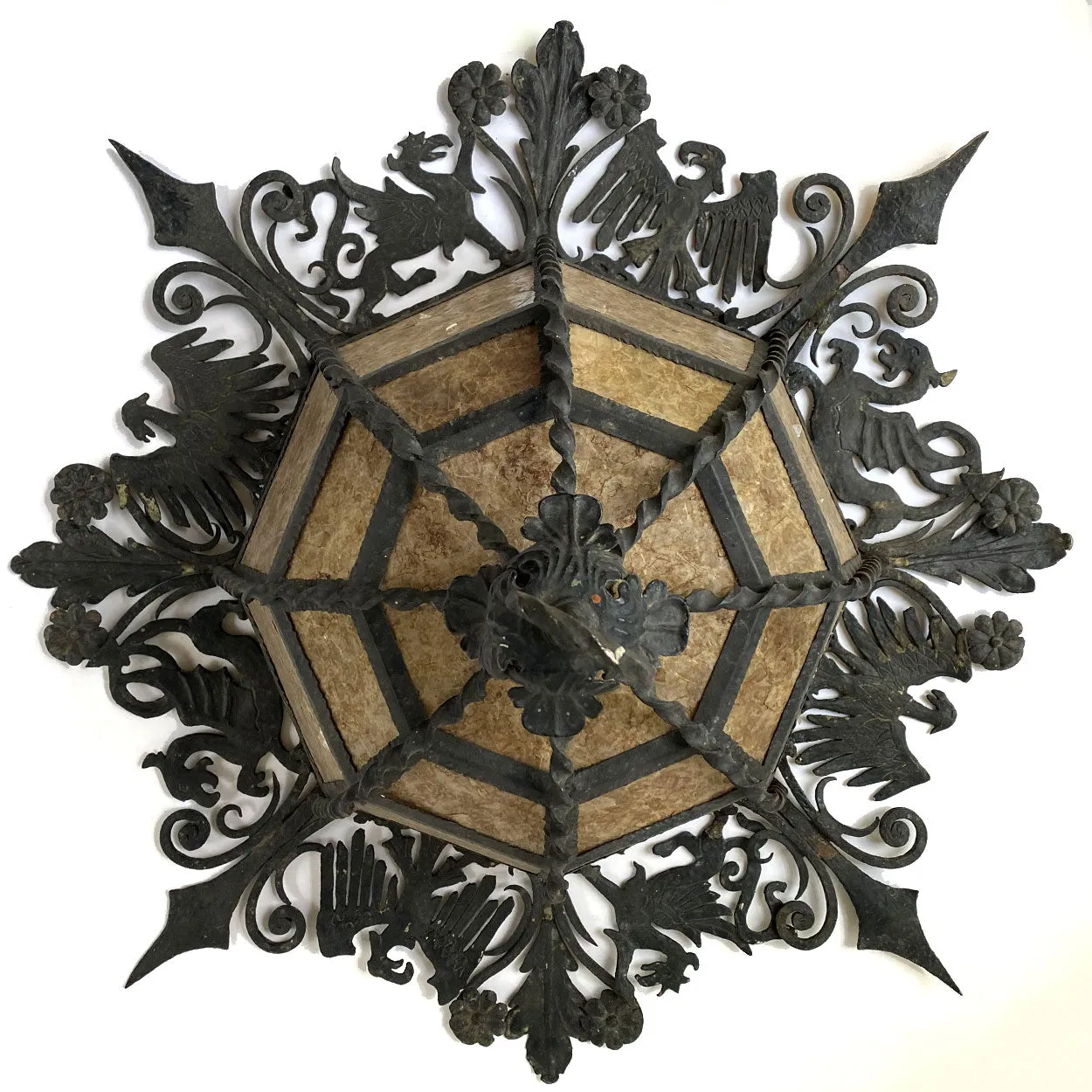 Spanish Colonial Style Lafayette Hughes Mansion Wrought Iron and Mica Ceiling Light