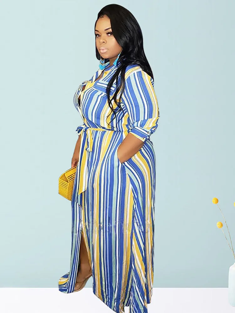 Stripe Belted Shirt Maxi Dress