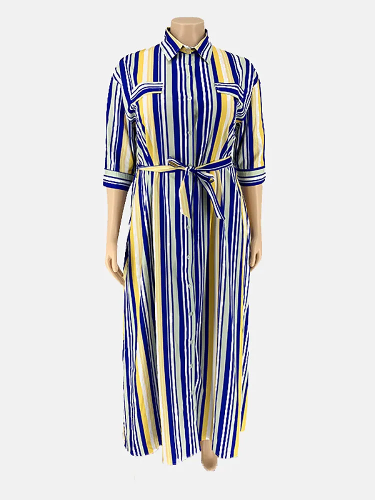 Stripe Belted Shirt Maxi Dress