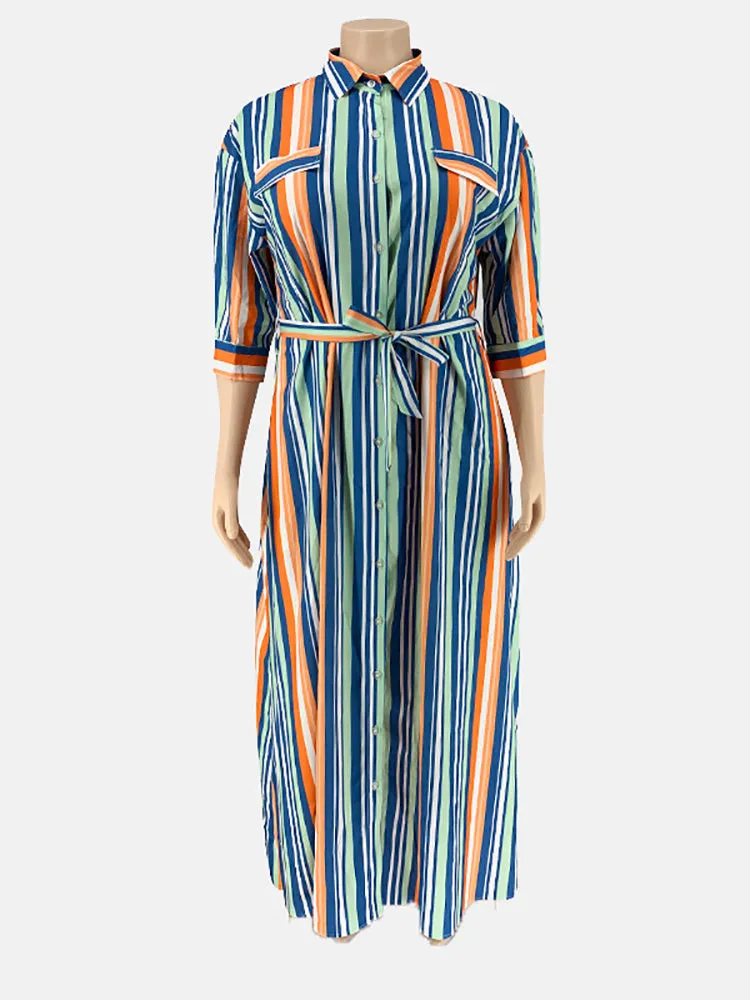 Stripe Belted Shirt Maxi Dress