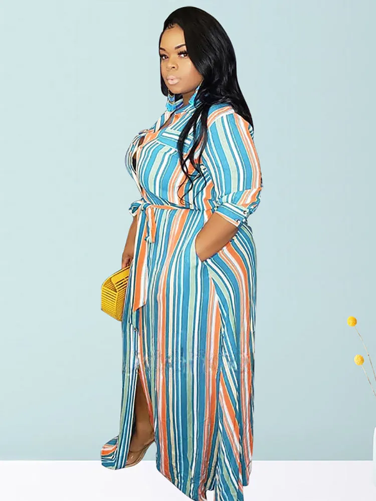 Stripe Belted Shirt Maxi Dress