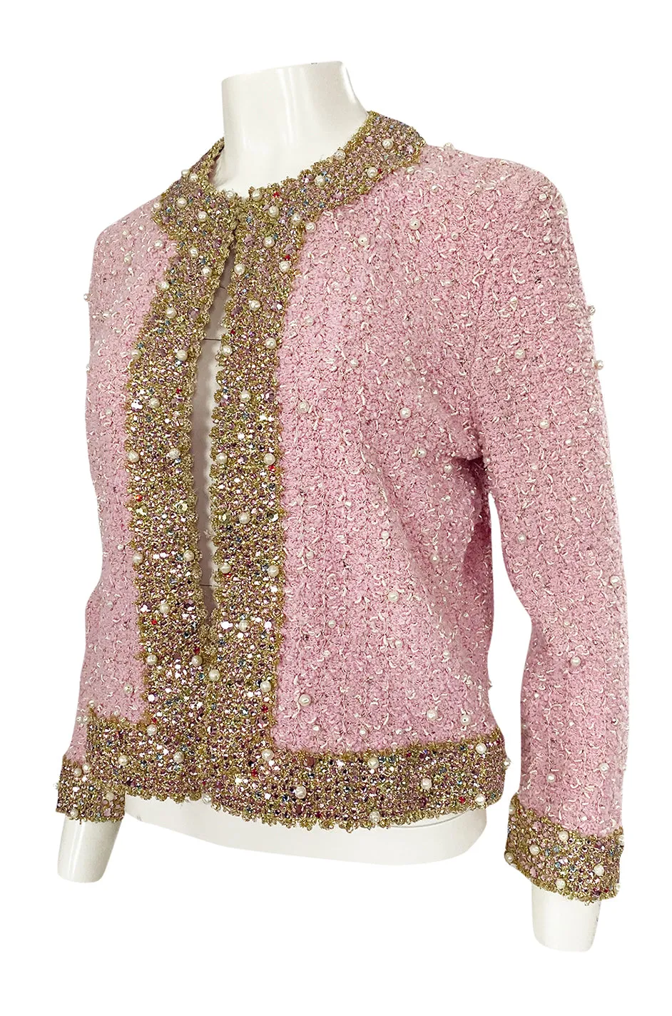 Stunning 1970s Adolfo Pale Pink Beaded Pearl, Rhinestone & Gold Jacket
