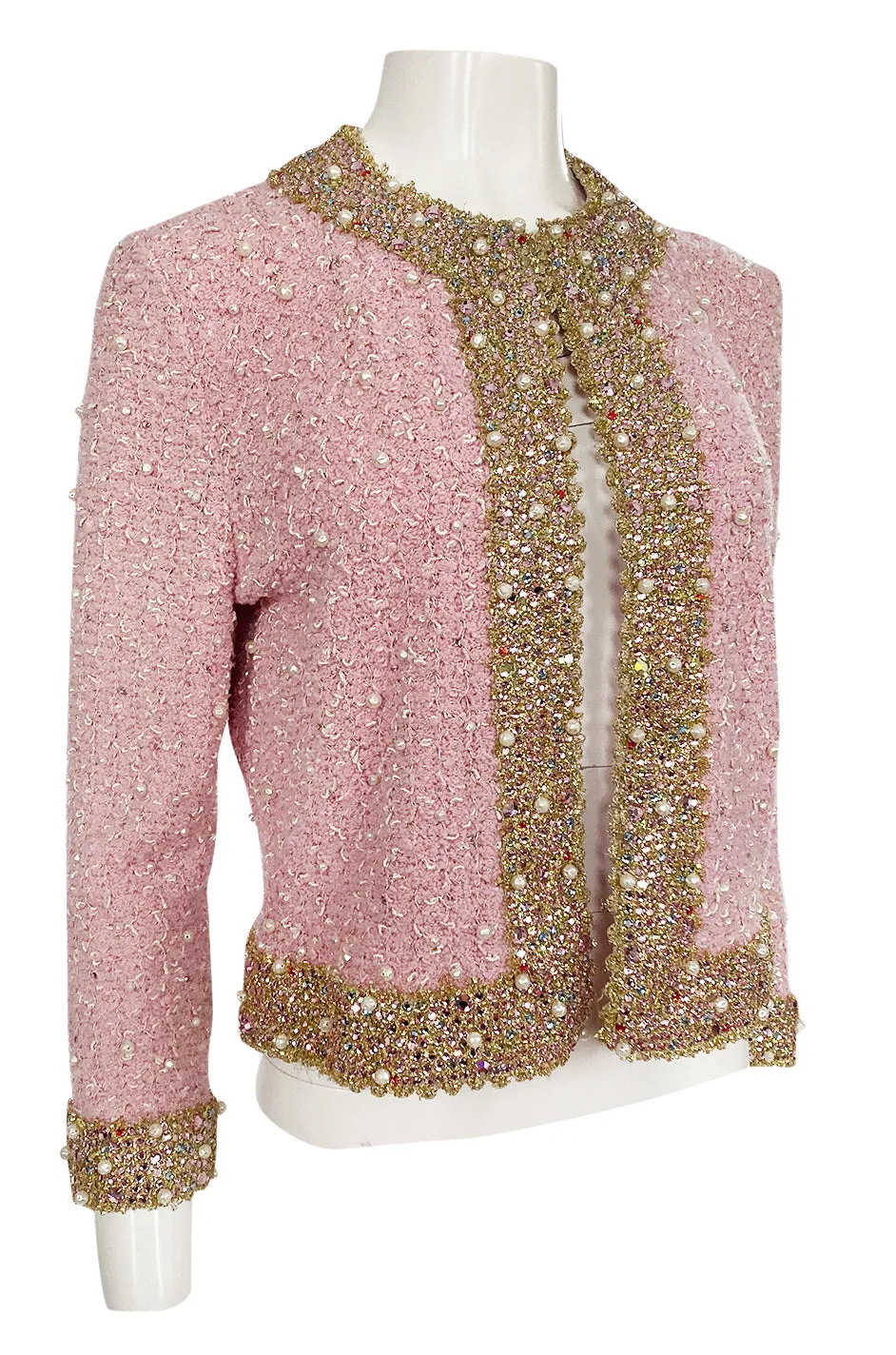 Stunning 1970s Adolfo Pale Pink Beaded Pearl, Rhinestone & Gold Jacket