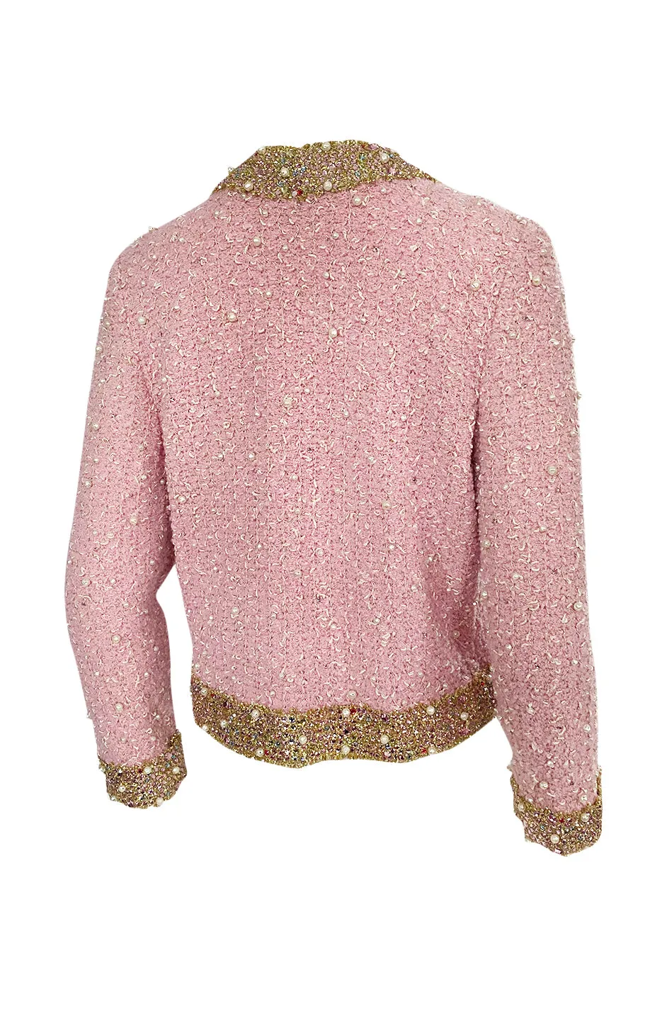 Stunning 1970s Adolfo Pale Pink Beaded Pearl, Rhinestone & Gold Jacket