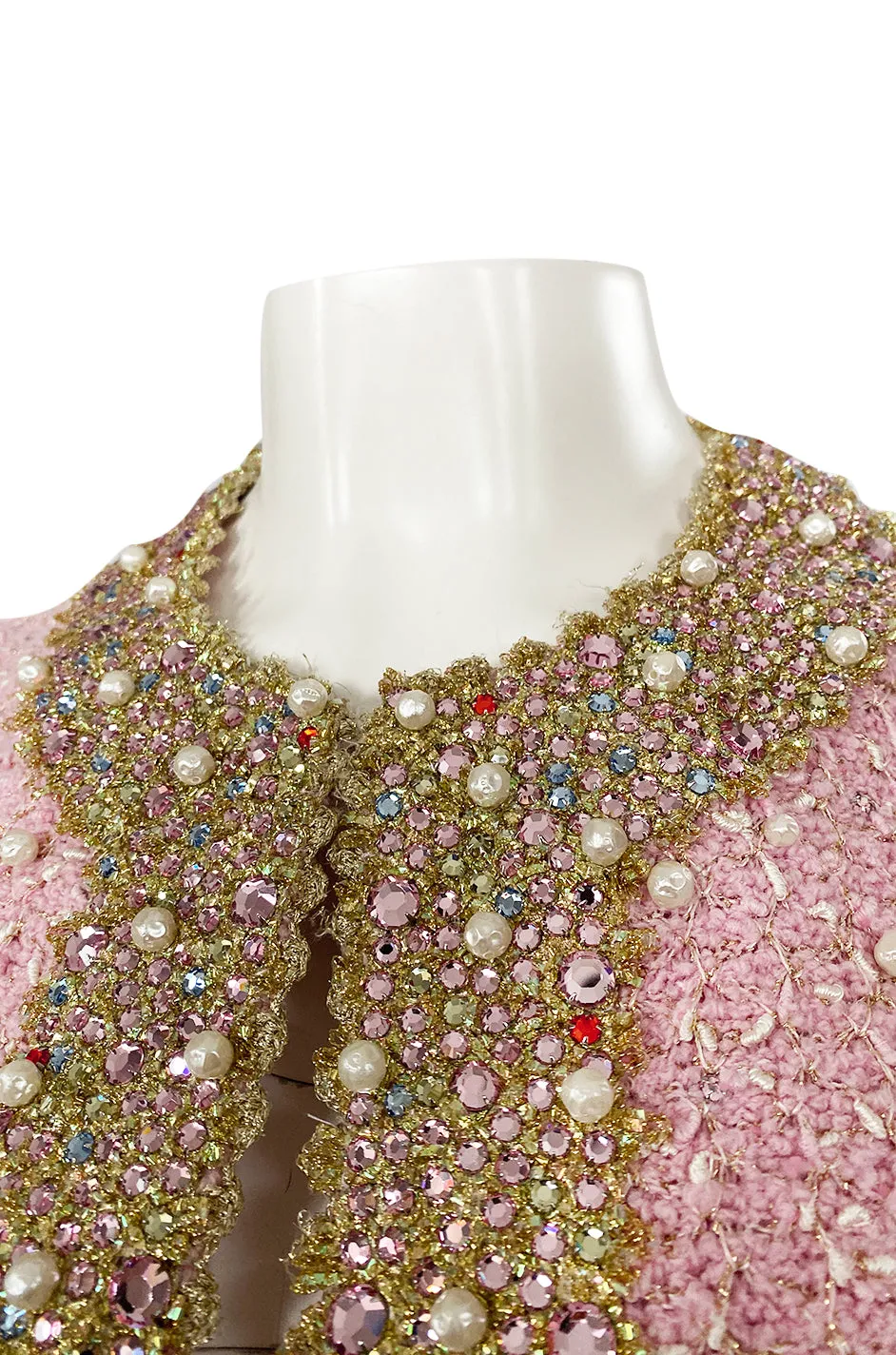Stunning 1970s Adolfo Pale Pink Beaded Pearl, Rhinestone & Gold Jacket