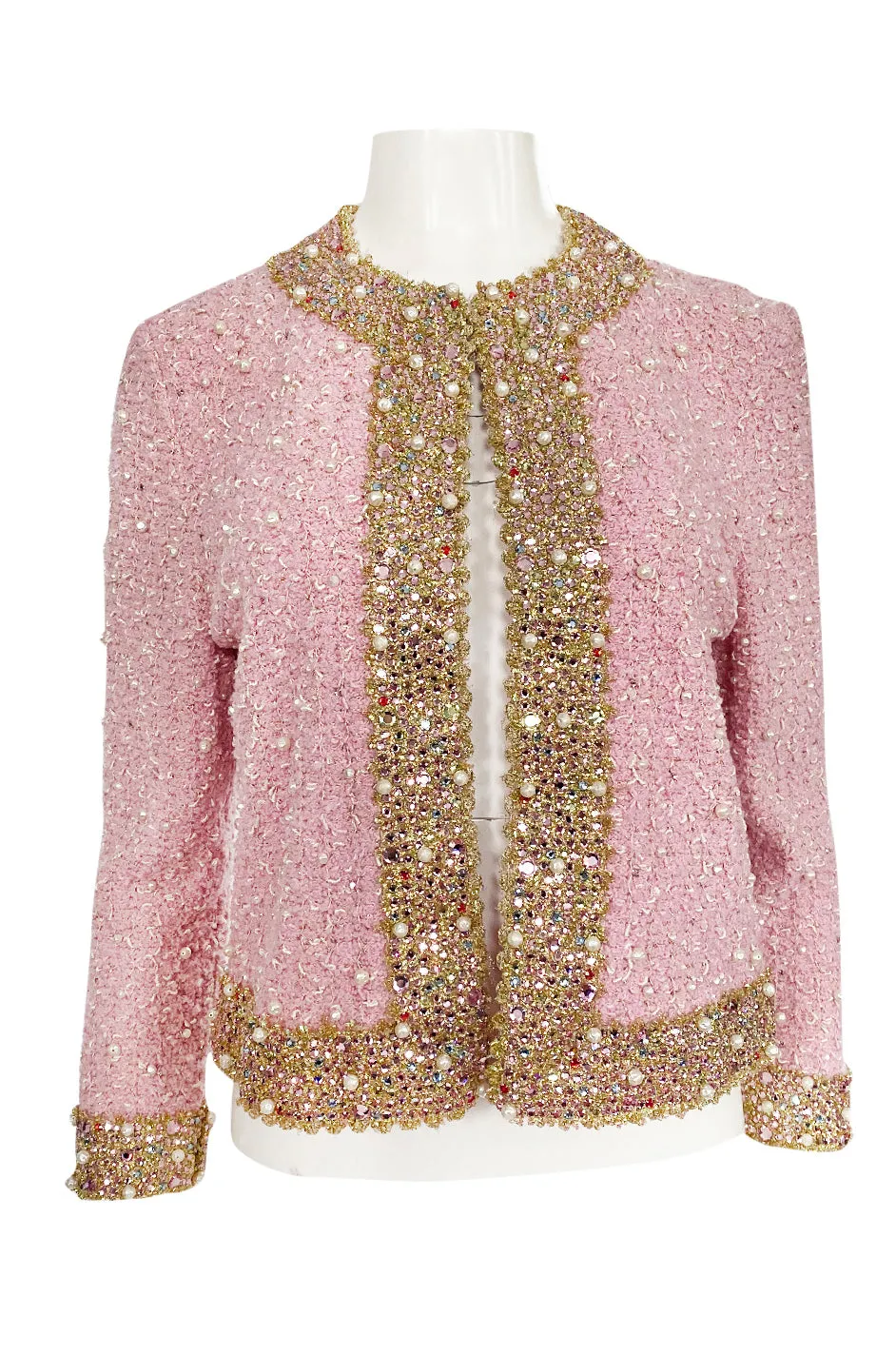Stunning 1970s Adolfo Pale Pink Beaded Pearl, Rhinestone & Gold Jacket