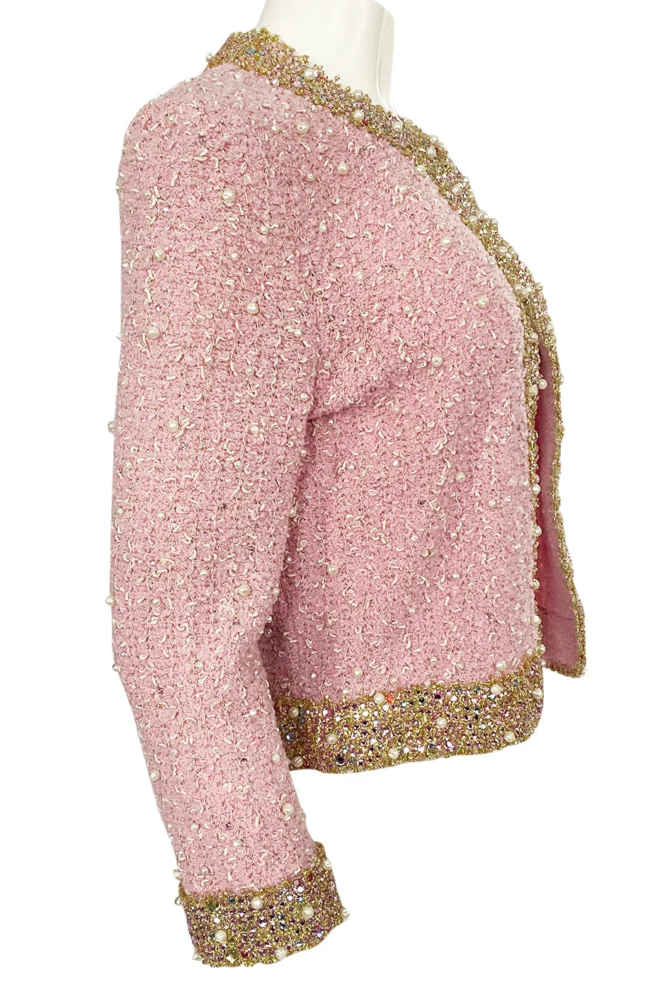 Stunning 1970s Adolfo Pale Pink Beaded Pearl, Rhinestone & Gold Jacket