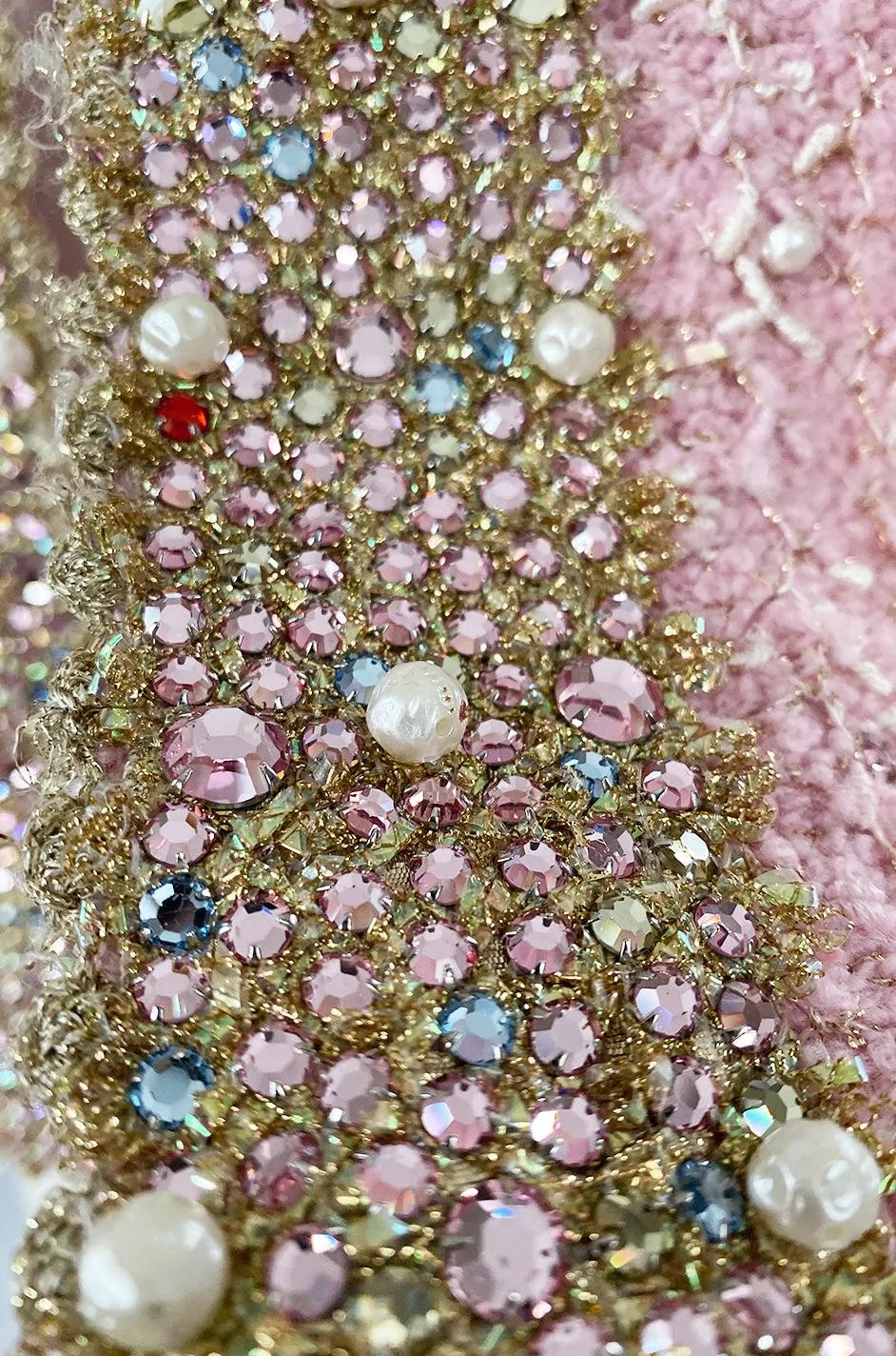 Stunning 1970s Adolfo Pale Pink Beaded Pearl, Rhinestone & Gold Jacket