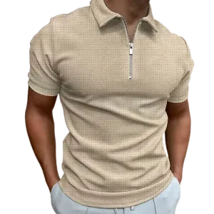 Summer New Men's Zipper Waffle Polo Shirt Short Sleeve Waffle