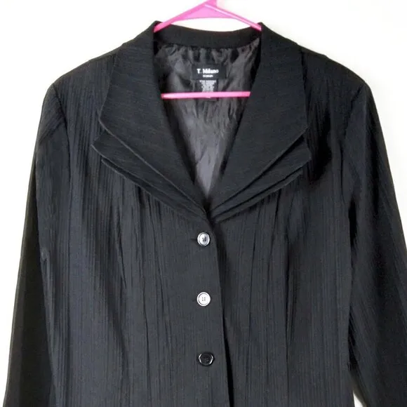 T Milano Black  Micro Pleated Triple Lapel Button Up Blazer Sz 14