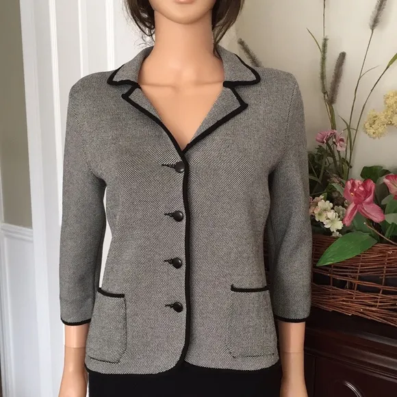 Talbots silk cotton double faced black white woven blazer