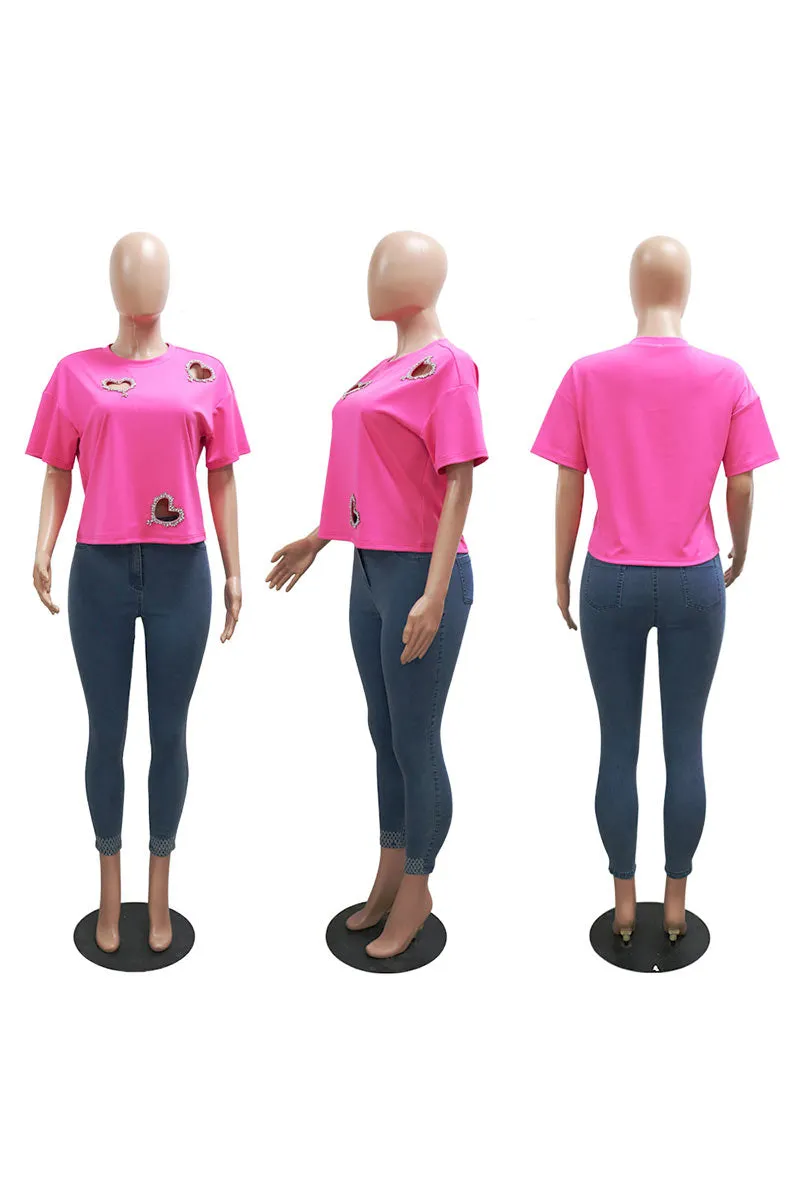 TG611 Round Neck Rhinestone T-Shirt Top