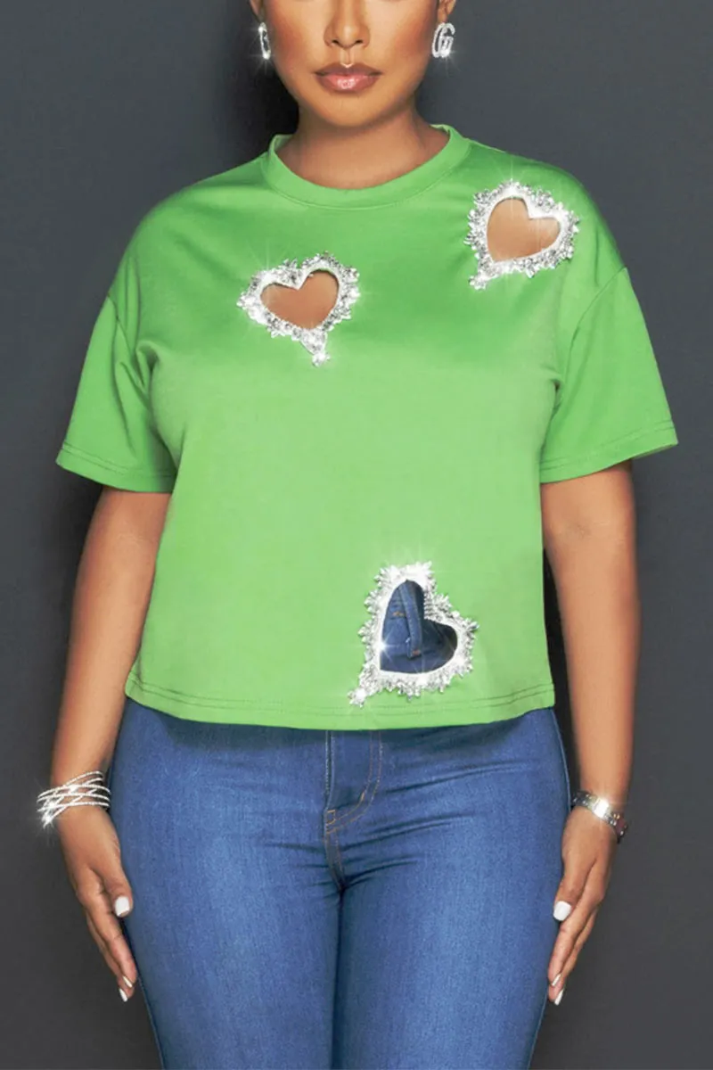 TG611 Round Neck Rhinestone T-Shirt Top