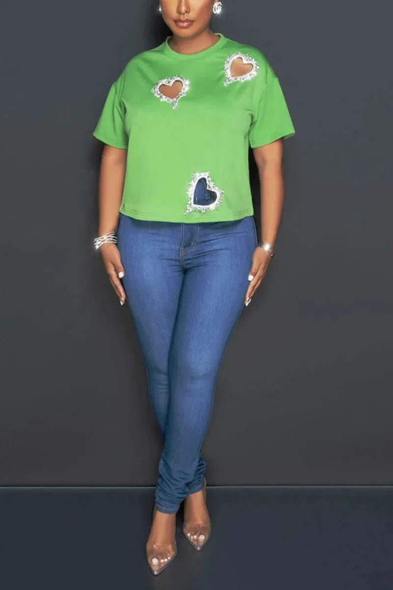 TG611 Round Neck Rhinestone T-Shirt Top