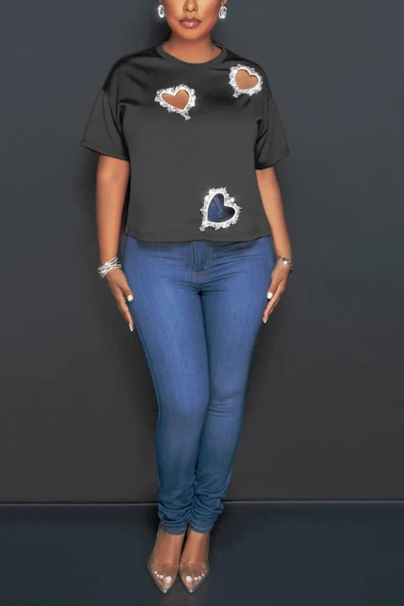 TG611 Round Neck Rhinestone T-Shirt Top