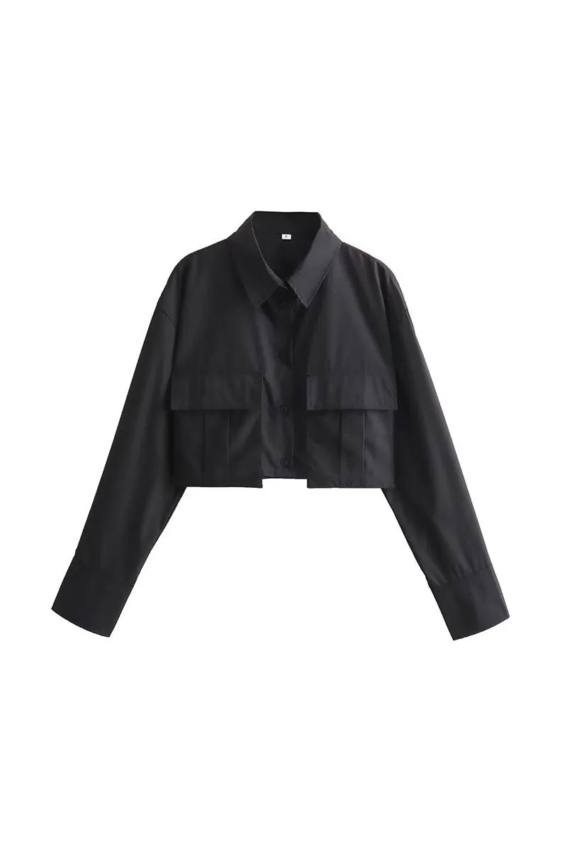 TJ0108 Button Down Crop Blouse Shirt