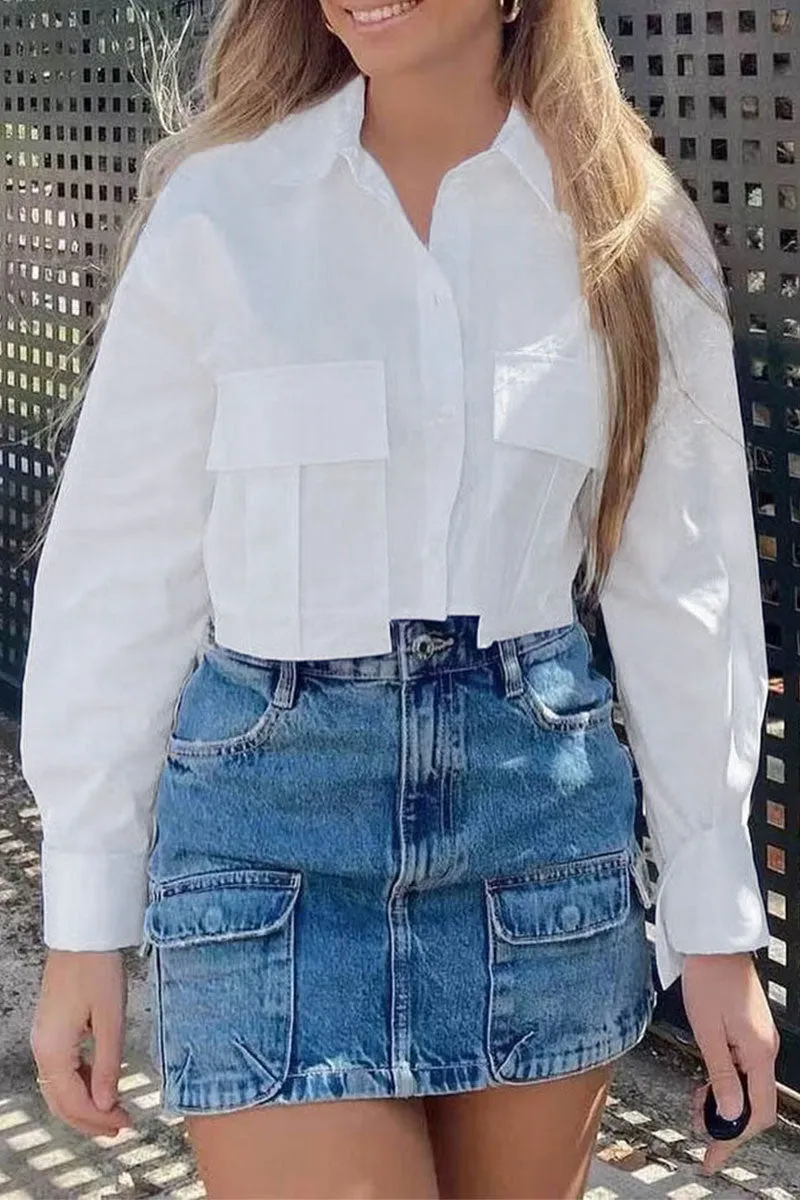 TJ0108 Button Down Crop Blouse Shirt