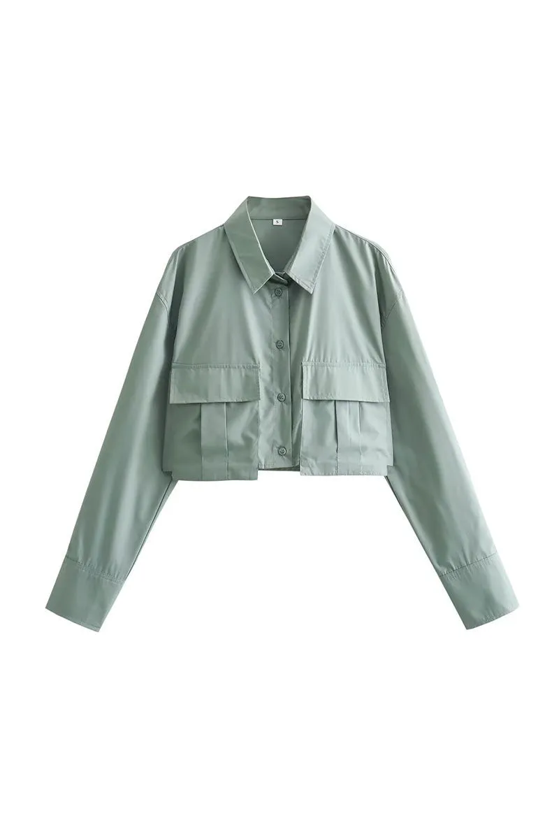 TJ0108 Button Down Crop Blouse Shirt
