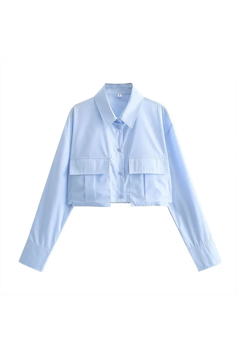 TJ0108 Button Down Crop Blouse Shirt