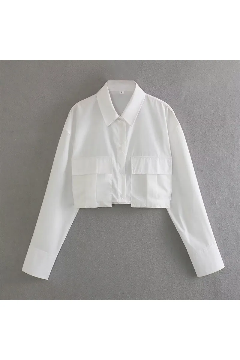 TJ0108 Button Down Crop Blouse Shirt