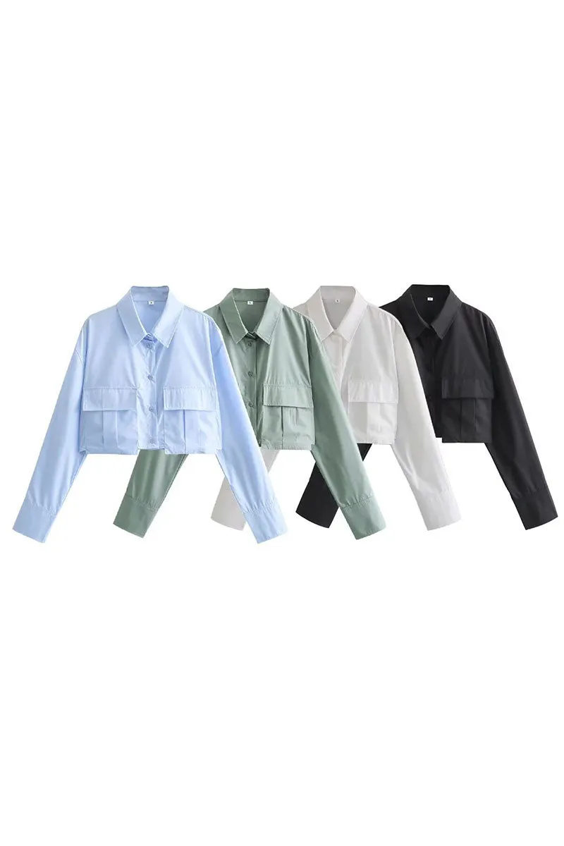 TJ0108 Button Down Crop Blouse Shirt