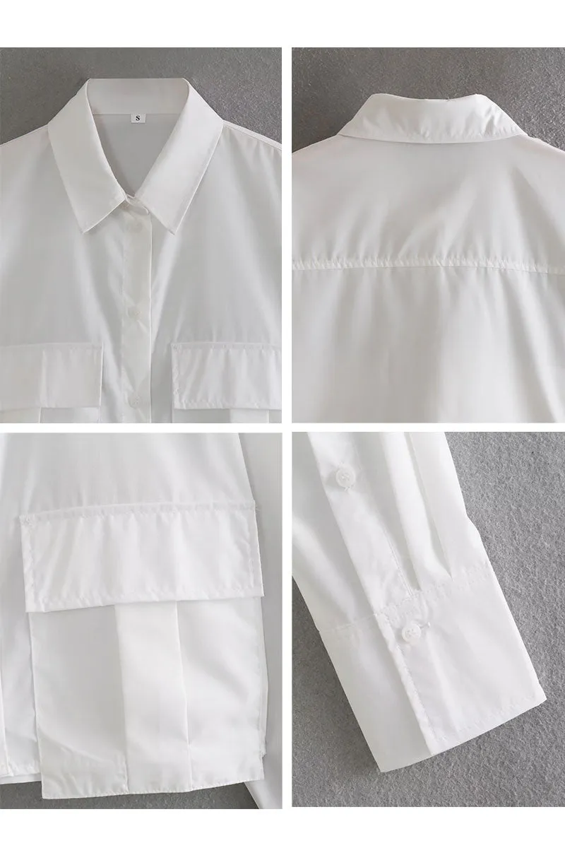 TJ0108 Button Down Crop Blouse Shirt