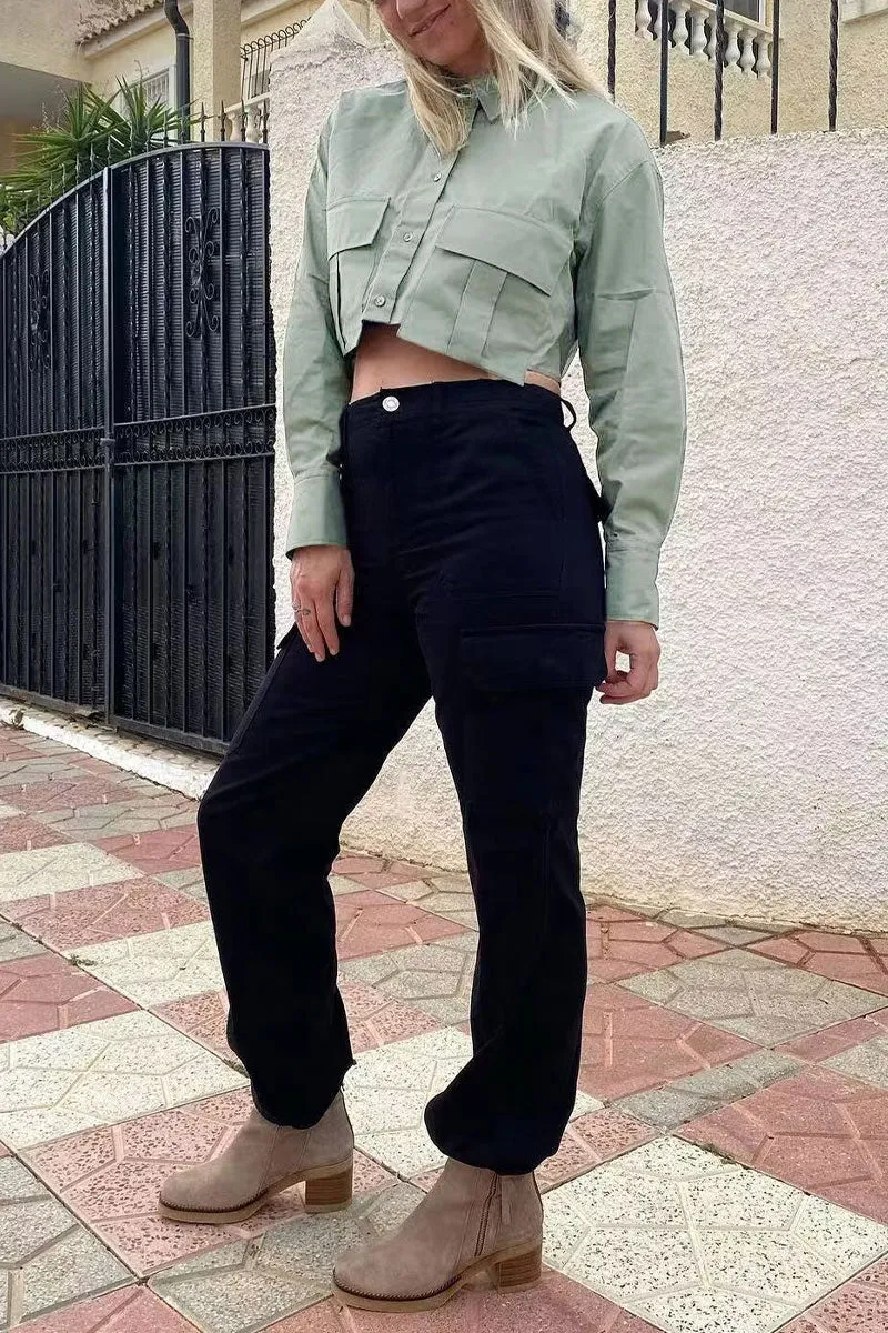 TJ0108 Button Down Crop Blouse Shirt