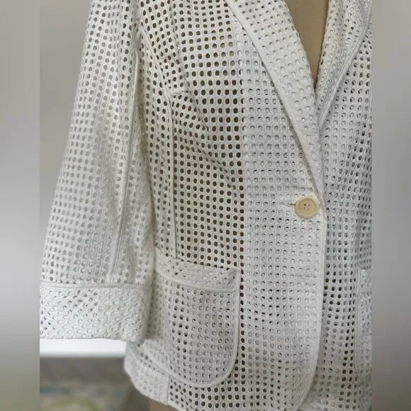 Trina Turk Cropped Sleeve Perforated Blazer White Eyelet
