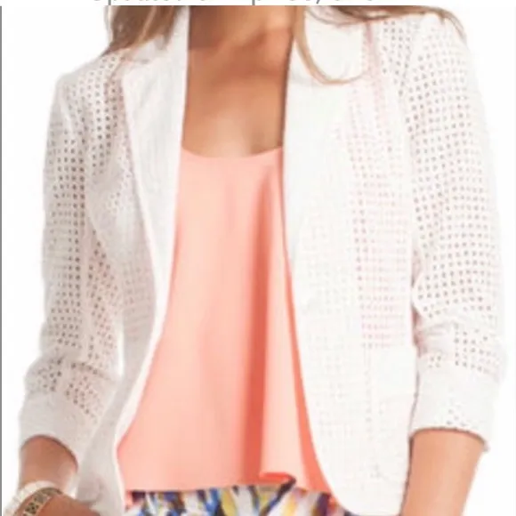 Trina Turk Cropped Sleeve Perforated Blazer White Eyelet