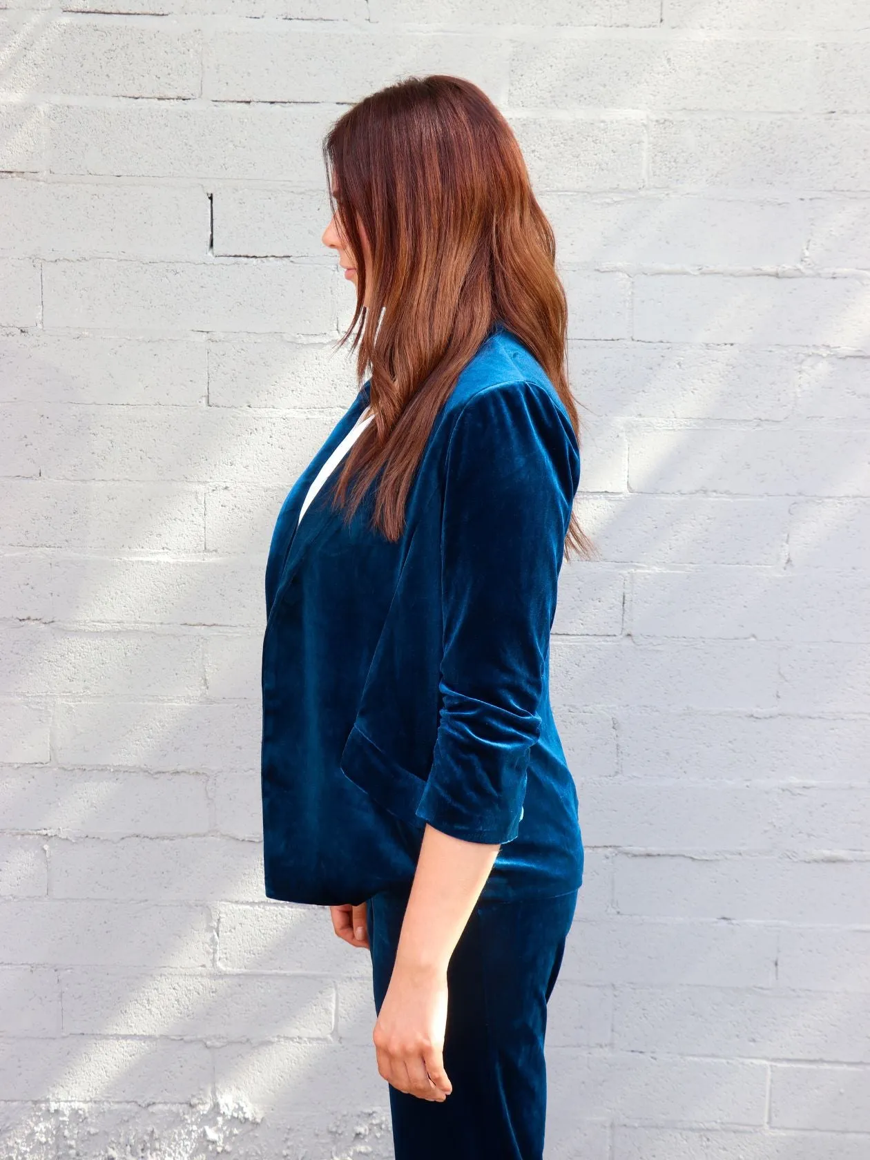 Velvet Blazer Ruched Sleeves Teal