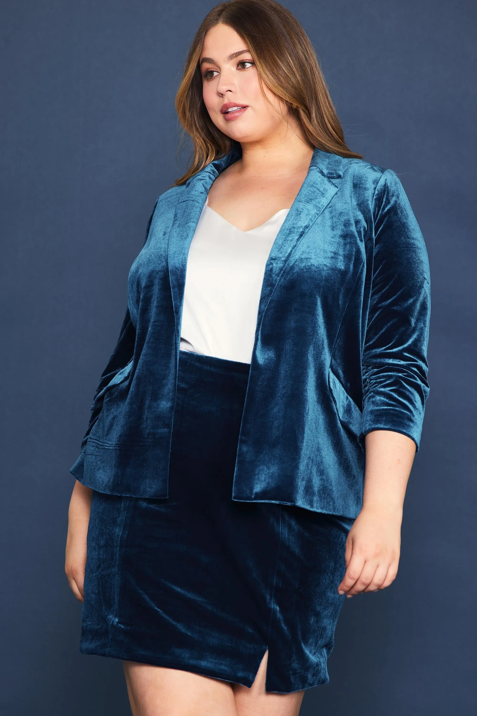 Velvet Button Detail Blazer with Bunched Sleeves