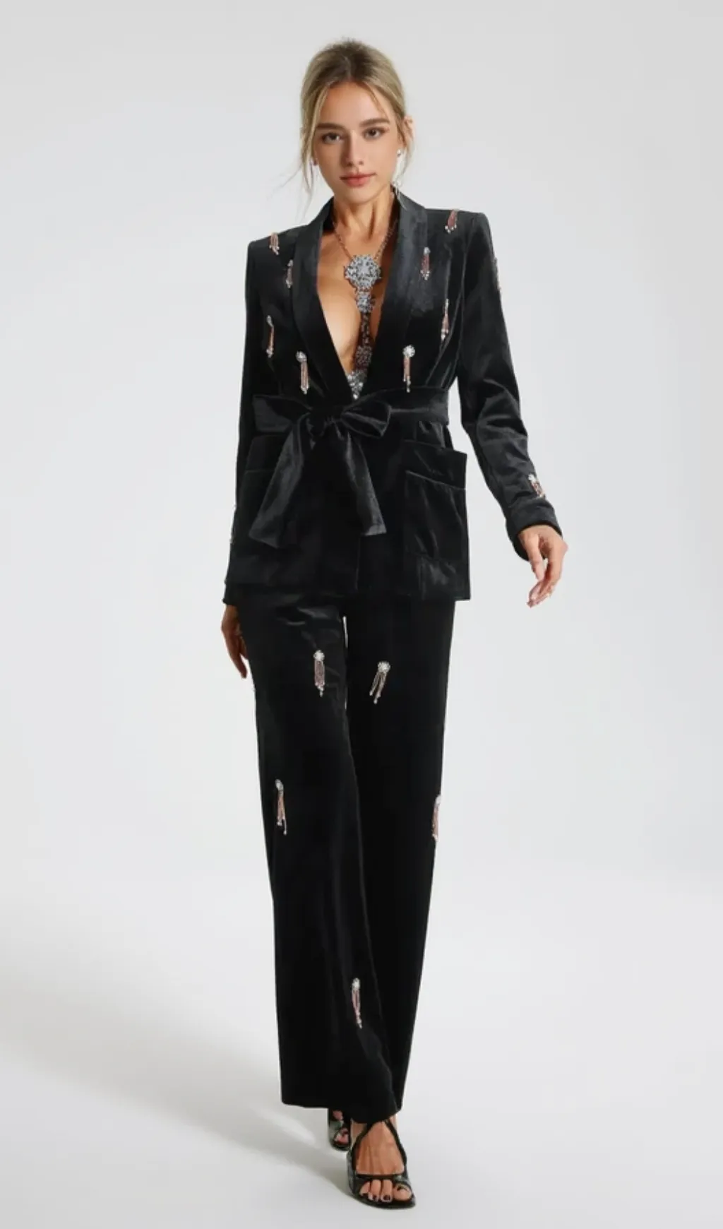 Velvet Diamond embellished blazer 2 Piece in black
