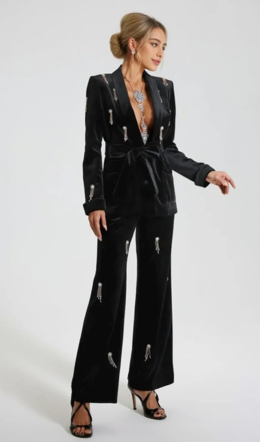 Velvet Diamond embellished blazer 2 Piece in black