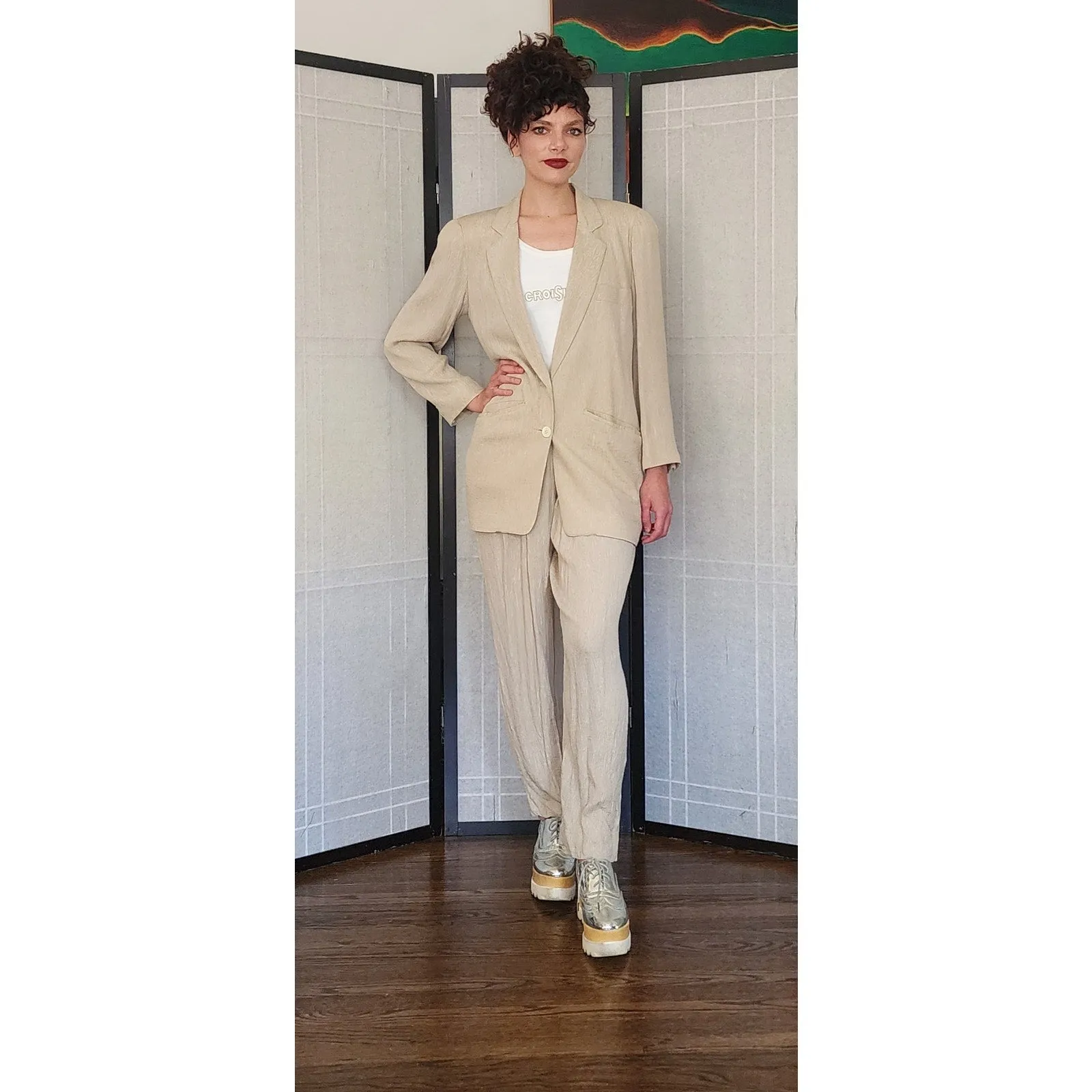Vintage 80s 90s DONNA KARAN Pant Suit Beige Silk